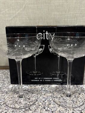 Set Of 2 City Chic Etched Champagne Glasses In Box